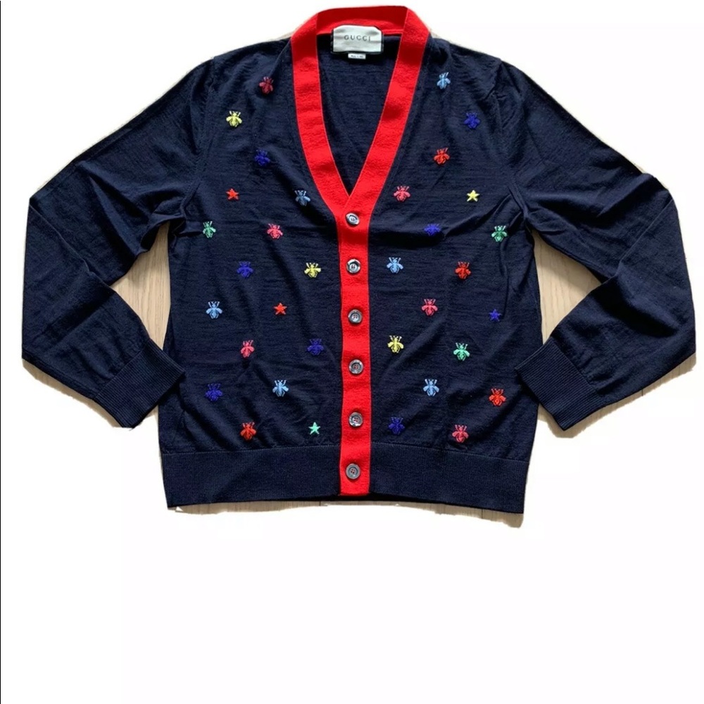 Fabulous Navy w Red trim Gucci multicolor bees cardigan size Medium (runs small)